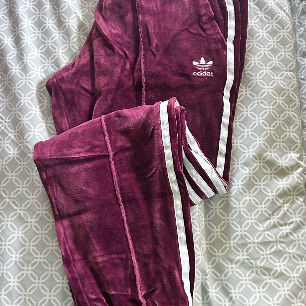 Adidas Purple and White Sweatpants with Iconic Stripes